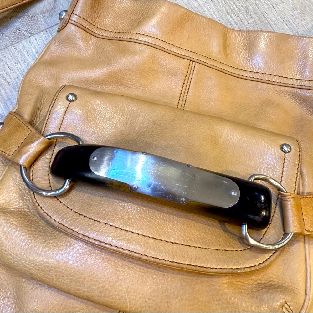 BMakowsky Tan Leather Crossbody Bag with Silver and Wood Detail Leopard Lining - Picture 2 of 4